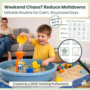Könnte beinhalten: Ein Kind spielt mit Wasserspielzeug in einer blauen Wanne. Das Bild enthält den Text "Weekend Chaos? Reduce Meltdowns" und "Editable Routine for Calm, Structured Days." Ein Routineplan ist sichtbar, zusammen mit dem Text "Easy to Edit in Canva."
