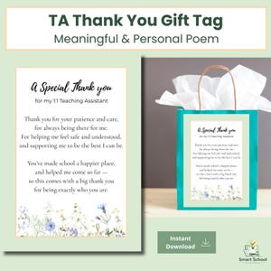 May include: A teal gift bag with a white handle and a gift tag that reads "A Special Thank You for my 1:1 Teaching Assistant." The tag includes a poem and floral illustrations. The words "TA Thank You Gift Tag" are at the top.