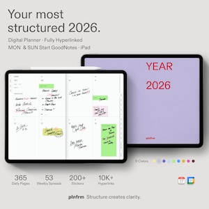 May include: A digital planner for 2026 displayed on two tablets. The screen shows a weekly calendar layout with handwritten notes and colored highlights. Text includes 'Your most structured 2026', 'YEAR 2026', 'plnfrm', and 'Structure creates clarity'.