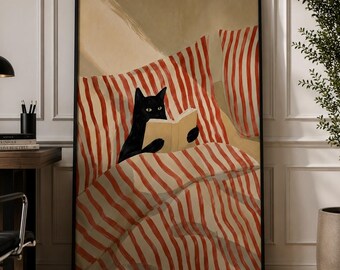 Black Cat Reading Poster, Cozy Whimsical Book Lover Print, Cottagecore Bedroom Art