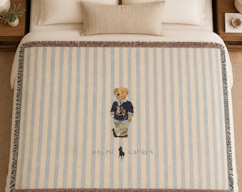 Polo Ralph Lauren Teddy Bear Woven Blanket, Blue Stripe Preppy Throw