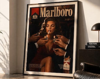 Vintage Marlboro Canvas Wall Art, Framed Canvas Print, Retro 90s Cigarette Ad Poster, Woman in Red Wall Decor, Man Cave Art