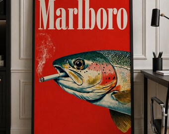 Vintage Marlboro Trout Fish Framed Poster: Funny Fishing Cabin Wall Art