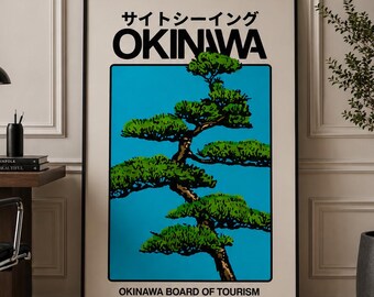 Vintage Okinawa Travel Poster, Japanese Japandi Wall Art, Retro Coastal Landscape Print