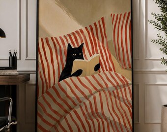 Black Cat Reading Framed Poster: Cozy Book Lover Art, Cottagecore Bedroom Print