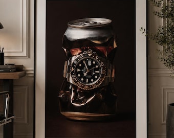 Rolex Root Beer Watch Crushed Can Framed Poster: Luxury Office Wall Art
