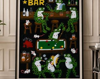 Framed Frog Bar Wall Art Funny Frog Poster Framed Animal Artwork Pool Hall Decor Eclectic Bar Wall Decor Game Room Framed Print