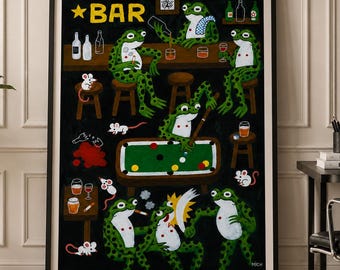 Whimsical Frog Bar Poster Print: Hand-Painted Folk Art Billiards Artwork