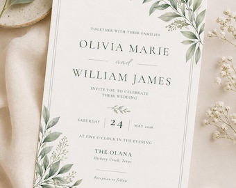 Sage Green Botanical Wedding Invitation, Minimalist Canva Template (Digital Download)