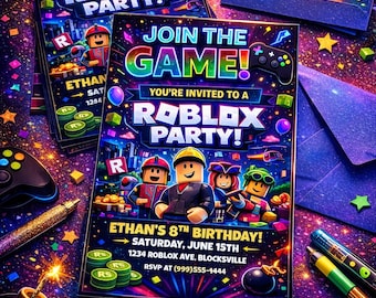 Roblox Birthday Invitation, Gamer Party Invite, Editable Canva Template (Digital Download)
