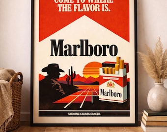 Retro Marlboro Poster, 80s Vintage Cowboy Art, Minimalist Desert Print (Digital Download)
