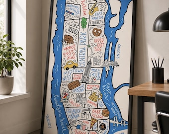 Illustrated NYC Map Poster | Manhattan Neighborhood Wall Art (Print)