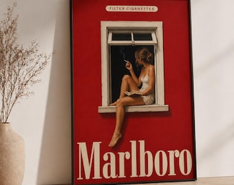 Vintage Marlboro Style Poster Red Wall Art Minimalist Retro Cigarette Ad Print Mid Century Modern Mancave Decor
