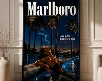 Marlboro Poolside Poster: Moody Nightlife, Palm Tree Print, Retro Ad Style Decor