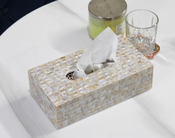 Mother of Pearl Tissue Box Cover | Shell Inlay Rectangular Tissue Holder | Luxury Bathroom Decor