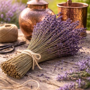 May include: A bunch of dried lavender tied with string, on a rustic wooden surface. Copper distilling equipment and a ball of twine are in the background. The purple flowers are in focus, with soft, natural light.