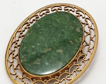 Vintage Winard 12K Gold Filled Green Aventurine Brooch / Mid Century Oval Filigree Scrollwork Pin / 1950s Statement Brooch