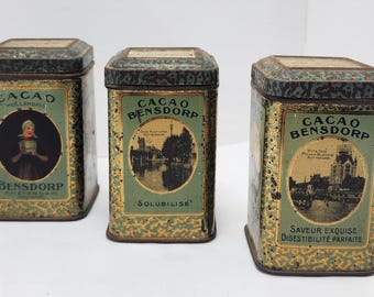 Antique Bensdorp Cacao Tin Set of 3 — Dutch Cocoa Amsterdam Rotterdam Lithograph 1900s Belle Époque Advertising Tin