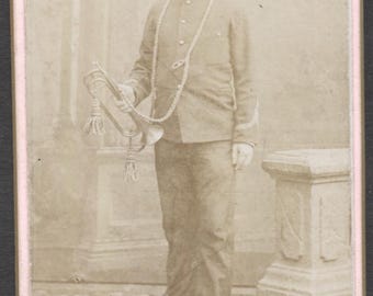 French Military Cabinet Card Real Photo Infantry Bugler Bugle Pith Helmet c.1890 Frobert Lille