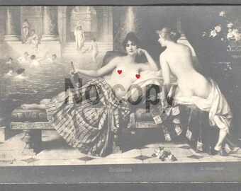 Antique Postcard Artist Signed C. Schweninger "Confidence" No.735 — Austrian Belle Époque — Original 1900s Art Nouveau Nude Bath Scene