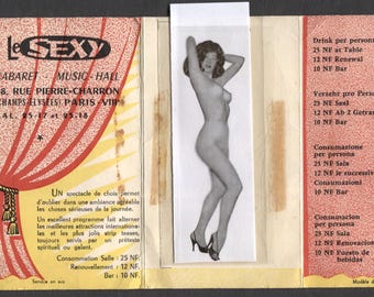 Vintage 1960s Paris Cabaret Menu & Venue Card "Le Sexy Music-Hall, Champs-Élysées Built-in Sliding Reveal Nude Women Girl Complete Working