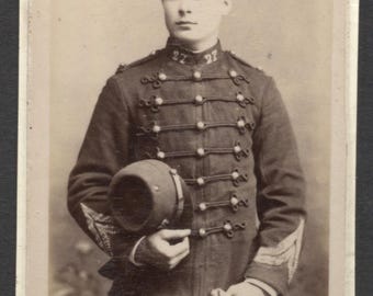 French Military Cabinet Card Real Photo Hussar Soldier 27th Regiment Douai c.1885 E. Le Quintrec