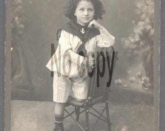1910 Antique Cabinet Card Child Portrait Sailor Suit — Studio Broudner Vilna — Imperial Russia Lithuania — Judaica Jewish Vilna