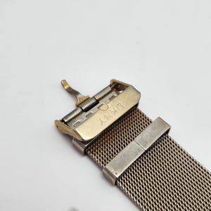 May include: Close-up of a watch band with a mesh design. The band is silver and gold-toned, with a DKNY clasp. The mesh is tightly woven, creating a textured appearance. The clasp is open, showing the inner workings.