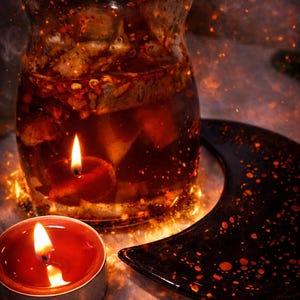 May include: A glass jar with a dark lid, filled with a reddish-brown liquid and lit candles. A small, round candle burns in front of the jar, and a crescent-shaped dish sits nearby. The scene is illuminated with warm, orange light.