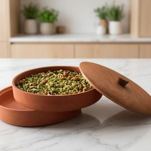 Puede incluir: Un recipiente redondo de terracota con dos secciones apiladas poco profundas y una tapa de madera a juego con un pequeño pomo. La sección superior está llena de brotes de judías verdes. El recipiente tiene un acabado mate y suave.