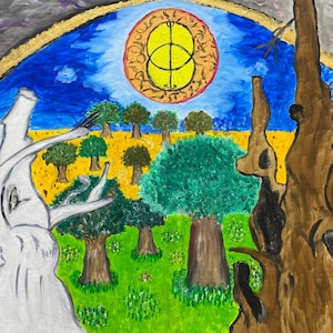 May include: An abstract painting featuring a central landscape with trees, a blue sky, and a yellow sun-like symbol. A white tree is on the left, a brown tree on the right, and a red heart on the right. The painting has a surreal, dreamlike quality.