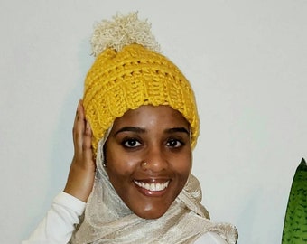 The Thiakry Toque in Mustard Gold | Thick Warm Crochet Winter Hat with Cute Pompom | Great Gift for Women, Men, Kids | Popular Trending