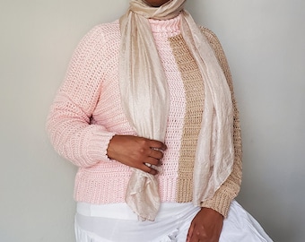 Colorblock Crochet Pullover Turtleneck Oversized Sweater - Duality of the Mind (Pink & Beige)