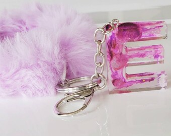 Purple E with Real Flowers - Resin Letter Keychain Charm