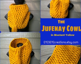 The JUFENAY Cowl - Chunky Drawstring Crochet Cowl in Mustard Yellow