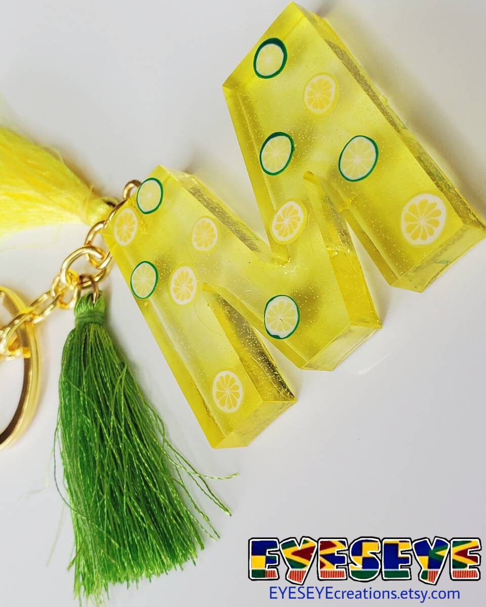 Yellow M with Lemon Lime Fimo Slices Resin Letter Keychain Etsy