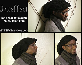 THE INTELLECT - long crochet slouch tam, dreadlock hat, black, brim, rasta, loc cap -Made to Order