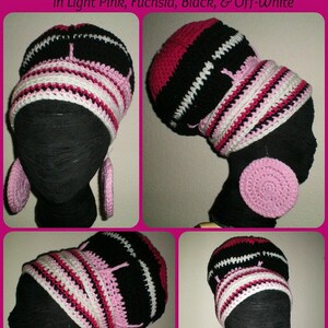 Può includere: Quattro immagini mostrano un turbante all'uncinetto da diverse angolazioni. Il turbante presenta strisce nere, rosa chiaro, fucsia e bianco sporco. Il testo "The URBAN TURBAN" è visibile nella parte superiore.