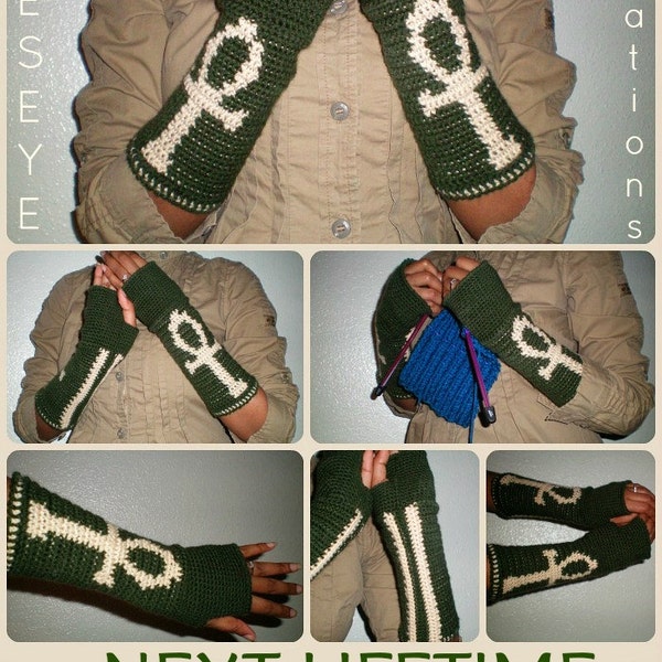 NEXT LIFETIME Crochet Fingerless Gloves - ankh design - Now Made-To-Order