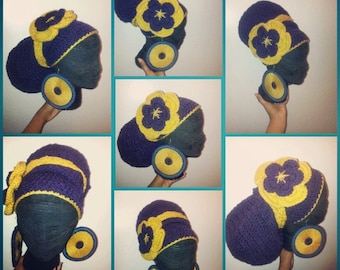 SHO' NUFF 3-in-1 (Earrings not included) - headwrap crochet flower band purple gold dreadlock african rasta bohemian
