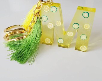 Yellow M with Lemon Lime Fimo Slices - Resin Letter Keychain Charm