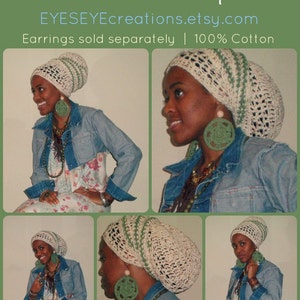 May include: Cream-colored crochet headwrap with green stripes, part of the "Urban Headwrap" collection. The headwrap is made of 100% cotton. The image also shows a denim jacket and floral dress.