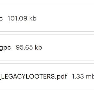 May include: A screenshot of a digital document with three entries. Each entry has a file icon, a title, and file size. The titles are "GhostAimR6Attakers_9.3.0.gpc", "GhostAimR6defenders_9.3.0.gpc", and "GhostAimR6EliteBestSettings_LEGACYLOOTERS.pdf".