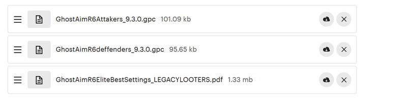 May include: A screenshot of a digital document with three entries. Each entry has a file icon, a title, and file size. The titles are "GhostAimR6Attakers_9.3.0.gpc", "GhostAimR6defenders_9.3.0.gpc", and "GhostAimR6EliteBestSettings_LEGACYLOOTERS.pdf".