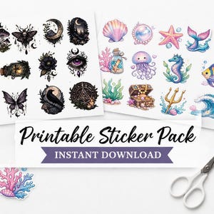 Puede incluir: Paquete de pegatinas imprimibles con diseños góticos y oceánicos. Las pegatinas incluyen imágenes de mariposas, lunas, ojos, conchas marinas y criaturas marinas. El texto "Printable Sticker Pack - Instant Download" se muestra sobre un fondo blanco.