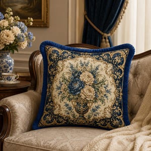 Puede incluir: Un cojín cuadrado decorativo con un diseño floral. El cojín presenta un centro color crema con un arreglo floral azul y crema en un jarrón. El borde es azul oscuro con flecos, sobre una silla beige estampada.