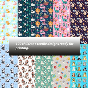 Paquete de 100 patrones de animales adorables, papel digital infantil de 300 DPI y 10K, estampados de animales de dibujos animados, paquete de diseño de telas para bebés, descarga instantánea.