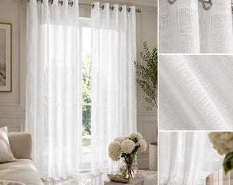 Premium Linen Look Sheer Curtain, White Grommet Curtain, Rustic Linen Effect Curtain Panel, Light Filtering Window Curtain,, Modern Drapes