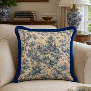 French Toile de Jouy Blue Fringed Pillow Cover, Vintage European Countryside Cushion Case, Rococo Floral Throw Pillow, French Country Decor