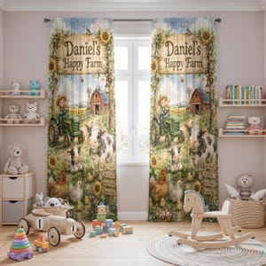 May include: Custom-printed window curtains featuring a farm scene with a tractor, cows, chickens, and sunflowers. The curtains have a sign that reads "Daniel's Happy Farm". The design includes a red barn and a windmill.